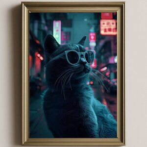 Neon Cat Art Print | Cyberpunk Vaporwave Wall Decor